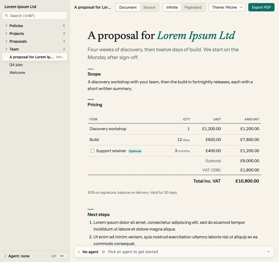 A proposal open in Plicine, with the vault's folders beside it