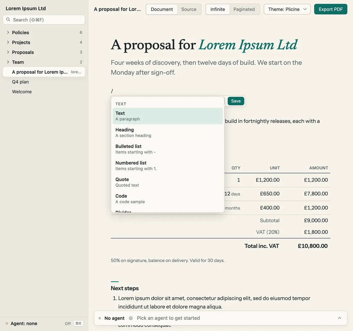 Inserting a block into the proposal from the slash menu